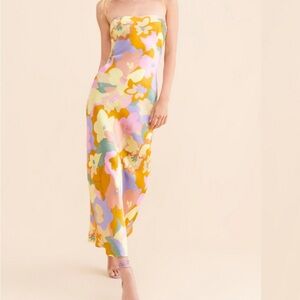 Astr "Annabeth" Strapless Midi Floral Dress in Lime Rust Floral - Size S
